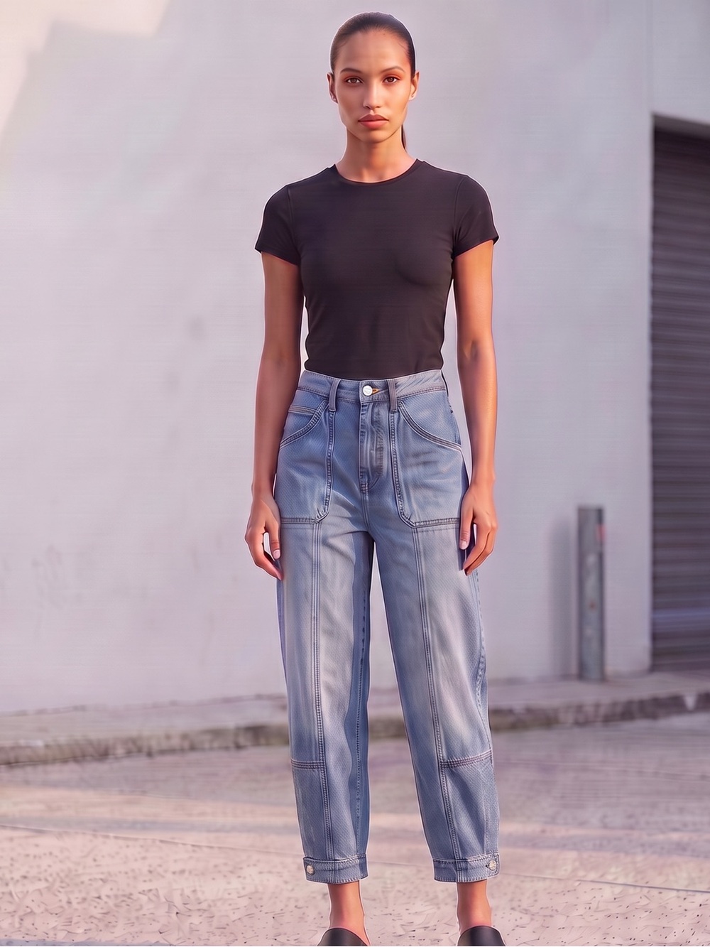 Elan Washed Light Blue Cargo Barrel Jeans